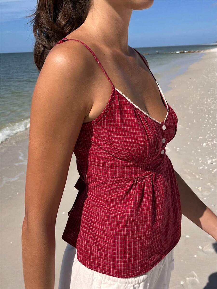 Women's Slim Fitted Floral Crop Camisole Scoop Neck Tie Waist Backless Spaghetti Strap Summer Tops - Burgundy - View 1