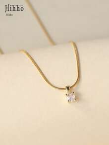 Hihho 1 件时尚方晶锆石和蛇骨链项链，时尚吊坠锁骨链，适合女士 - 金黃色 - 查看 4