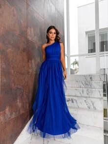 One-Shoulder Layered Bridesmaid Prom Dress - Royal Blue - View 2