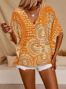 Plus Women's Bat Sleeve Printed V-Neck Blouse