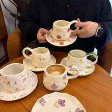 1 pieza Juego de taza de café y platillo de cerámica vintage hecho a mano, taza y plato con pintura a mano estilo coreano Ins, adecuado para mug de latte y plato de postre, excelente para San Valentín, Día de la Madre, regalo conmemorativo de pareja, regalo de graduación de vuelta a la escuela