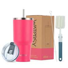 watersy 1 Stück WATERSY 20oz 40oz Thermobecher mit Deckel, doppelwandiger vakuumisolierter Edelstahltumbler, isolierter Kaffeebecher, pulverbeschichteter Thermosbecher mit Deckel, Strohhalm und Reinigungsbürste, spülmaschinenfest