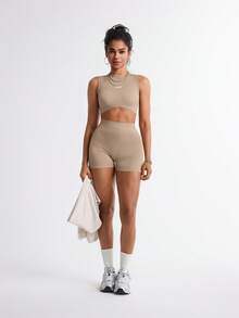 TCVC Women High Elastic Sports Bra & Shorts Set, Seamless Knit, High Waist Tummy Control Peach Butt, Skin-Friendly Fabric, Tight Shaping, Casual Versatile, Lining, Suitable For All Seasons, Activewear & Yoga Set - Màu Khaki - Xem 5