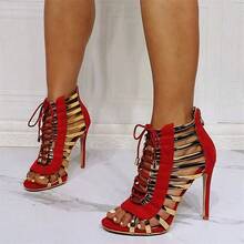 Women's Tassel Lace-Up Heeled Sandals Stylish High Heels In Red & Black - 紅色 - 查看 5