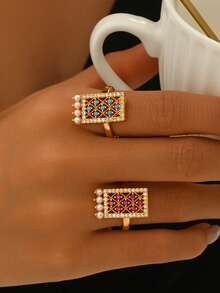 1pc Eid Festival Simple Unique Copper Inlaid Faux Pearl Hollow Rectangle Fashion Versatile Ring - Multicolor - View 2