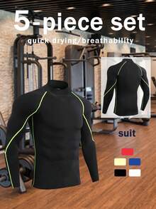 5 Pieces Of Men's High-Neck Fitness Long-Sleeve Athletic Running T-Shirts, Suitable For Autumn And Winter, With High Elasticity, Moisture-Wicking, Breathable, And Tight-Fitting Design. - 混色 - 查看 3