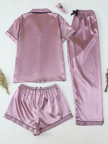 [Elegant Fields]3pcs Set Satin Pajamas For Women, Including Solid Color Shirt With Lapel Collar, Short Sleeve Button Down, And Short/Long Pants, Suitable For Home Wear, Spring & Summer - Lilac Purple - View 2