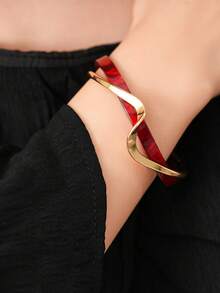 1pc Women's Double Layer Open Bangle Bracelet, Simple Versatile Fashion Retro High-End Accessory - Burgundy - View 9