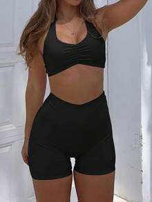 Women's Two Pieces Summer Sexy Sports Running Exercise Casual Solid Color Halter Vest And Shorts Set - Black - View 3