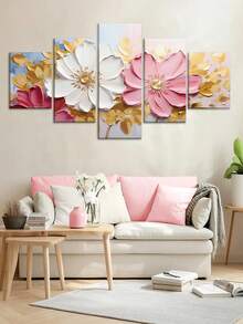 1/5件套牡丹花卉帆布墙画套装 - 现代框画，夏季装饰，农舍风格框画，室内花卉海报，适用于客厅、卧室、餐厅、宿舍 - 春冬季节装饰，卡通图案，木框，母亲节、返校礼物 - 彩色 - 查看 7