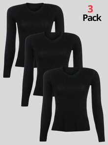 Kit 3 Women's Basic Long Sleeve V-Neck Blouses - Black / Black / Black - View 1