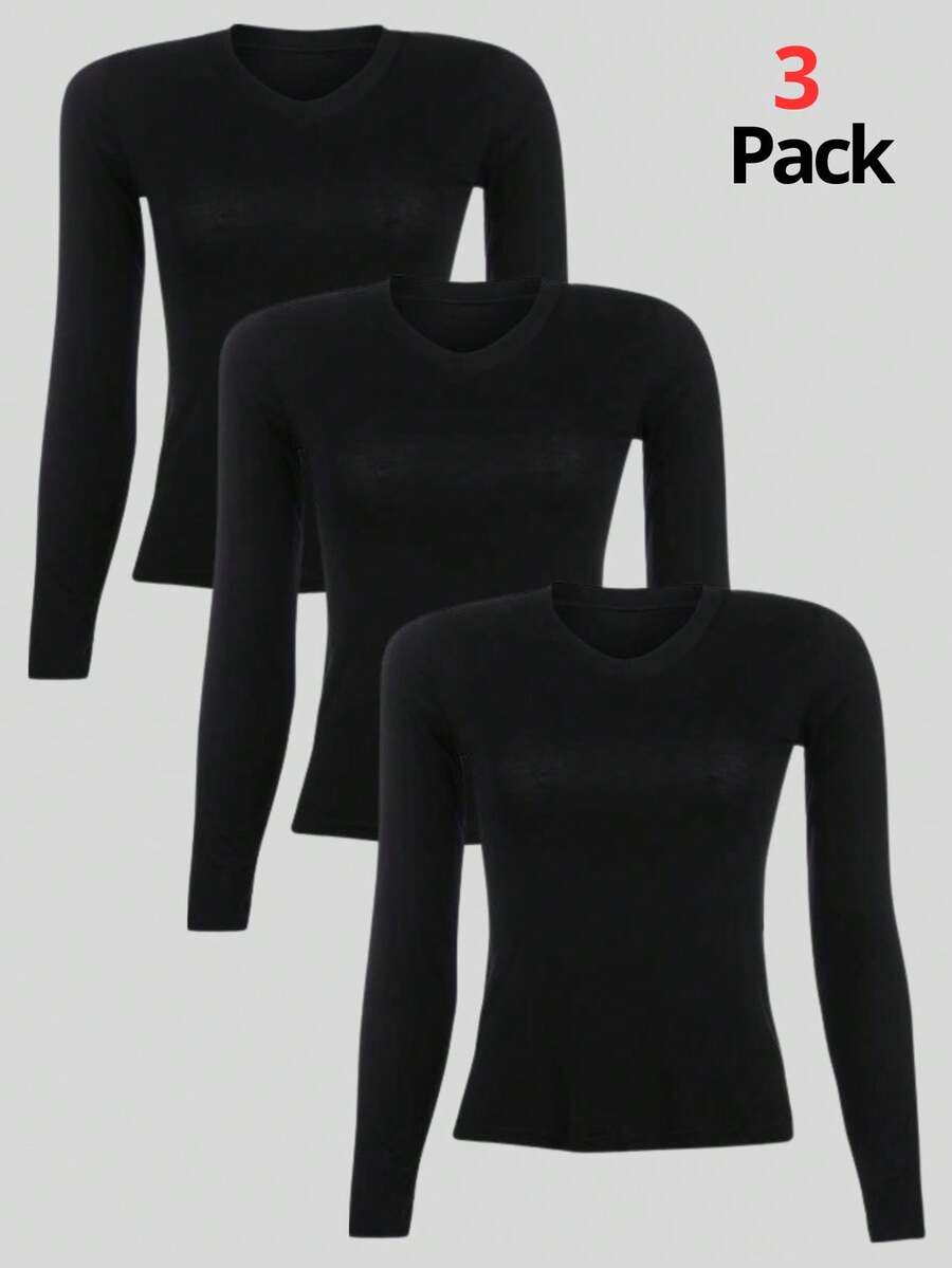 Kit 3 Women's Basic Long Sleeve V-Neck Blouses - Black / Black / Black - View 1