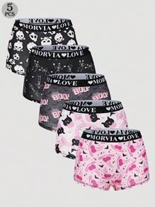 Dircho 5 件女式哥特式万圣节粉色卡顿哥特式字母和蜘蛛网全身印花撞色绑带平角裤，舒适柔软弹力腰部贴身内裤，女士内衣 - 彩色 - 查看 2