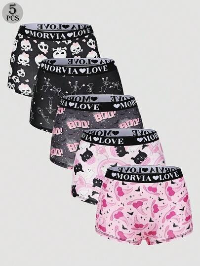 Dircho 5pcs Women Gothic Halloween Pink Carttons Gothic Letters & Spider Web All Over Print Contrast Binding Boyshorts, Comfy & Sofy Elastice Waist Intimates Panties, Women's Lingeries & Underwear