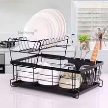 NetHong Dish Drainer 2 Tier Kitchen Sink Metal Wire Cutlery Draining Holder Plate Rack - Black H - View 10
