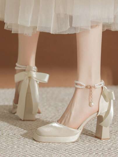 (Suggested To Size Up) 1pc Women Pearl Strap Waterproof Platform Thick Heel Square Toe Slip-On Bowknot Mid Heel Pumps, Match With Dress