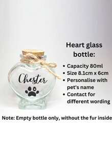 1 pièce Bocal commémoratif personnalisé avec les poils d'animal de compagnie, bouteille en forme de cœur commémorant un animal de compagnie chien ou chat. Urne commémorative personnalisée. Urne commémorative multifonctionnelle pour cheveux d'animal de compagnie, pour anniversaire, remise de diplôme, pour elle, petit-ami, papa, petite-amie, maman, famille, amis, salle de thé, maison, jardin, bureau, anniversaires, Saint-Valentin, Fête des mères, anniversaires, Fête des pères, remise de diplôme, mariages, pendaison de crémaillère, rafraîchissement de la maison