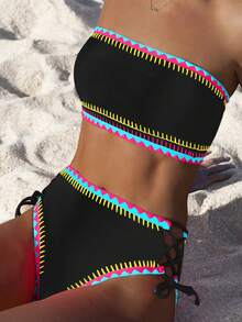 popvil 夏季抹胸贝壳边系带度假比基尼套装