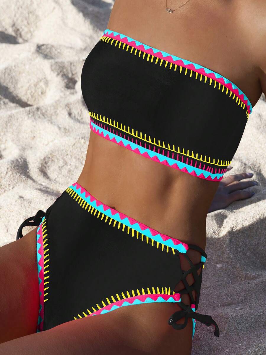 popvil 夏季抹胸贝壳边系带度假比基尼套装