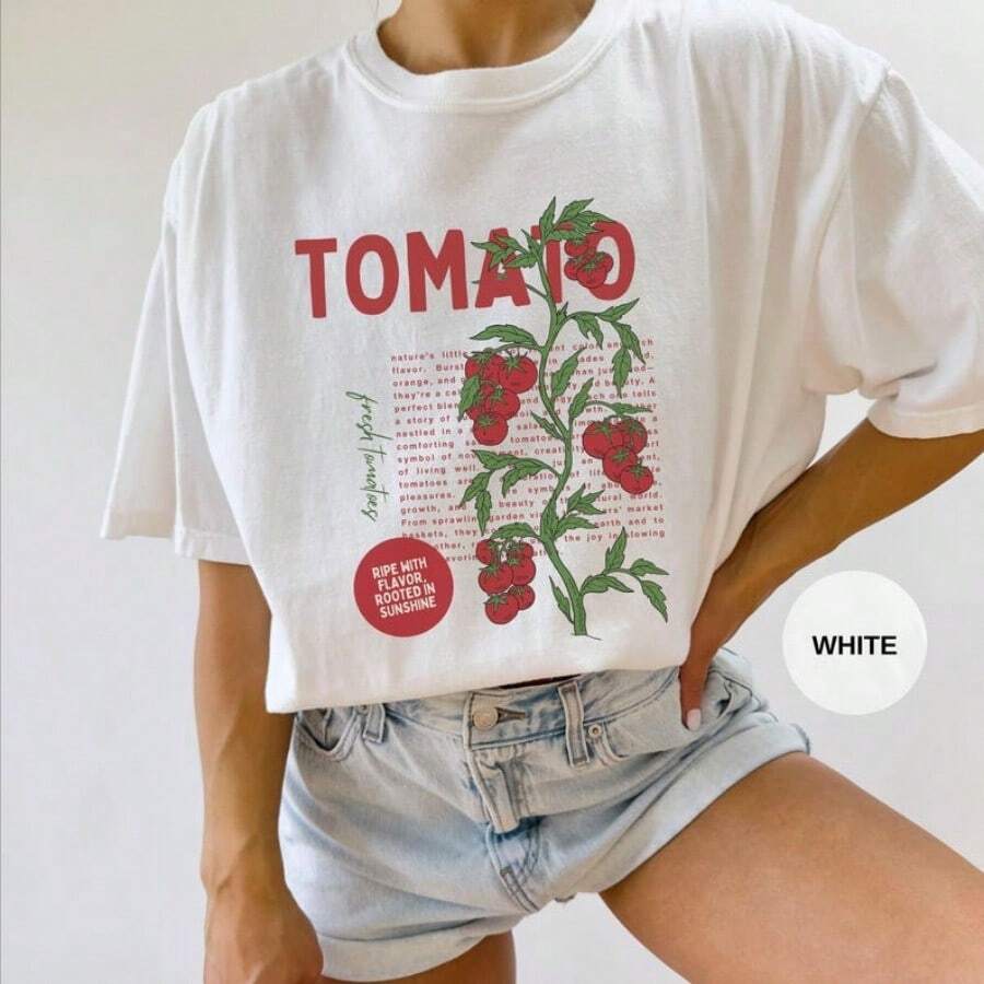 Oversized Tops Tomato Shirt Shirt Tomato Girl Aesthetic Farmers Market Shirt Tomato Lover Garden Shirt Fruit And Vegetable Cottagecore Shirt - 白色 - 查看 1