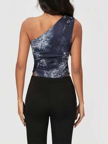 Women's Summer Fashion Tank Tops Sleeveless One Shoulder Solid Color/Floral Vest - Dark Grey - View 4