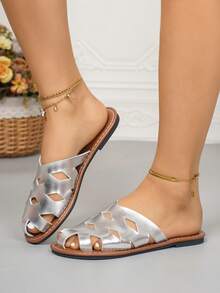 Dép đi trong nhà mùa hè mới cỡ lớn cho nữ, thời trang đơn giản thoải mái hở ngón lưới thoáng khí rỗng chống trượt nhẹ đi biển ngoài trời, màu đen, nâu - Bạc - Xem 3