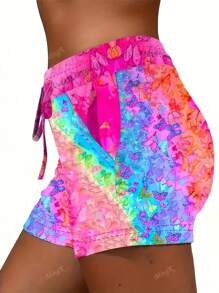 Plus Size Women Vibrant Tie-Dye Printed Shorts - Casual Elastic Waist With Drawstring, Lightweight Polyester Blend, Suitable For Summer