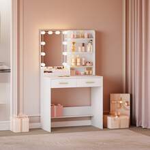 Dressing Table With Mirror And 10 LED Lights, Dressing Table With 4 Open Shelves And 2 Compartments, Dressing Table With 2 Drawers, For Bedroom, Living Room