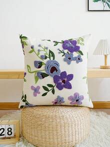 1pc Purple Flower Embroidered Cushion Pillowcase, Versatile For Multi Room Decoration, Machine Washable, Zipper Closure, No Pillow Core Pillows Bedding Pillow Case Bed Home Decor Bedroom Decor Cushion Covers Cushion Cover Cushions Pillow Cases