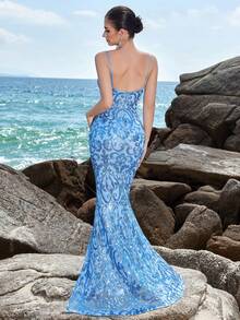 ADYCE 亮片刺绣细肩带露背鱼尾晚会礼服、婚礼宾客礼服、正式礼服、长袍 - 淺藍色 - 查看 2