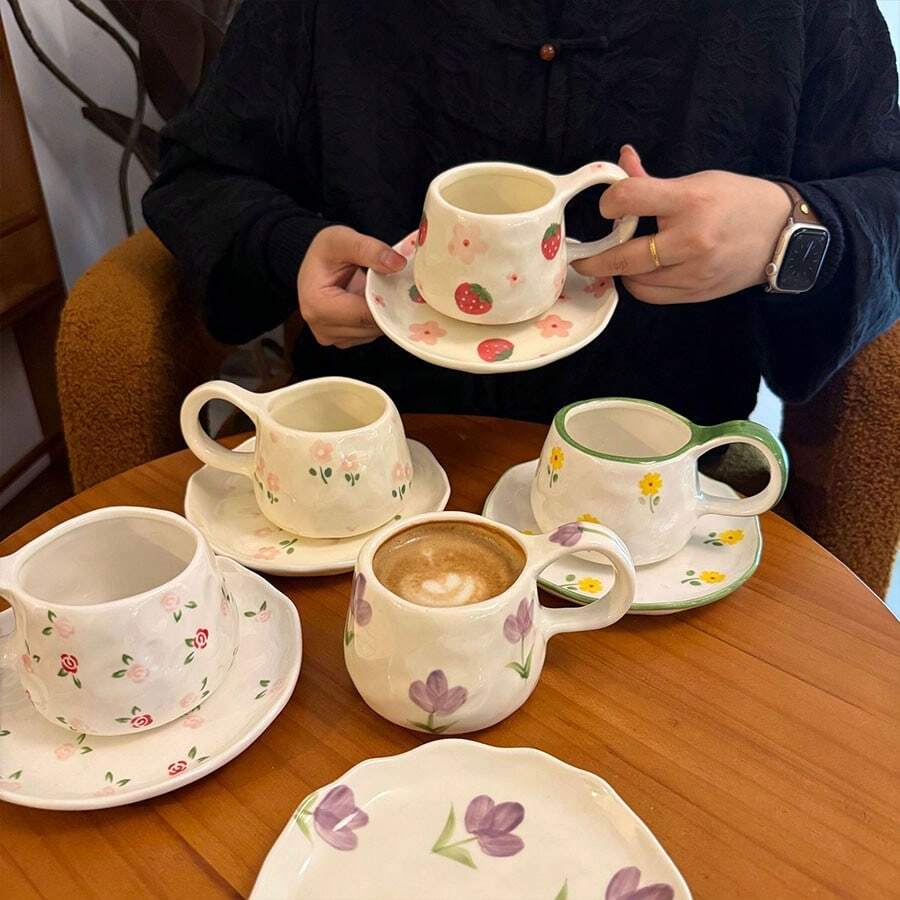 1 pieza Juego de taza de café y platillo de cerámica vintage hecho a mano, taza y plato con pintura a mano estilo coreano Ins, adecuado para mug de latte y plato de postre, excelente para San Valentín, Día de la Madre, regalo conmemorativo de pareja, regalo de graduación de vuelta a la escuela