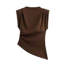Women's Elegant Solid Color Padded Shoulder Sleeveless Vest, Office Lady Casual Ruffle Asymmetric Zipper Fitted T-Shirt