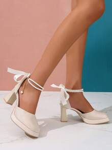 （建议选购大一码）女士仿珍珠装饰绑带粗跟方头蝴蝶结套脚鞋，适合搭配裙装