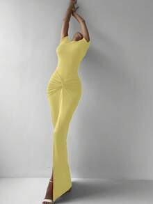 女士 2 件优雅奶油黄色修身高弹情人节短袖紧身衣，带荷叶边松紧腰长裙，适合春夏约会 - 淺黃色 - 查看 4