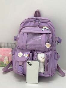 Two Tone Classic Backpack Letter Patch,Kawaii School Style: Cute Nylon Backpack With Pins & Accessor - Purple - View 3