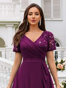 MIUSOL Đầm dạ hội thanh lịch cổ chữ V đính sequin và ren, phối màu tương phản với chất liệu chiffon, chân váy xếp ly, thích hợp cho khách dự đám cưới, tiệc tối trang trọng và các dịp khác trong mùa hè. - Màu Tím - Xem 9