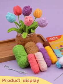 1 套钩针入门套件 - 薰衣草和郁金香盆栽植物、毛线球、DIY 手工套件，配有基本配件和初学者说明 - 彩色 - 查看 1