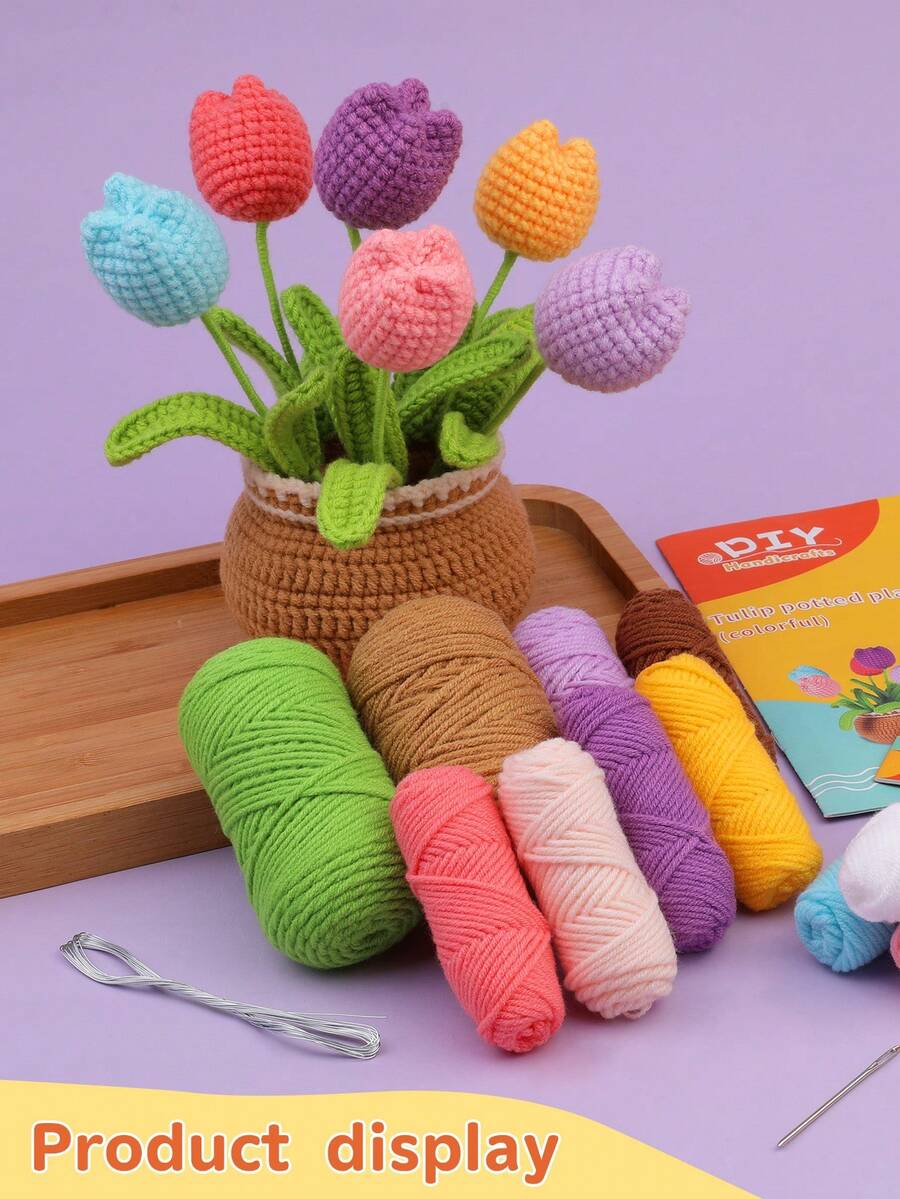 1 套钩针入门套件 - 薰衣草和郁金香盆栽植物、毛线球、DIY 手工套件，配有基本配件和初学者说明 - 彩色 - 查看 1