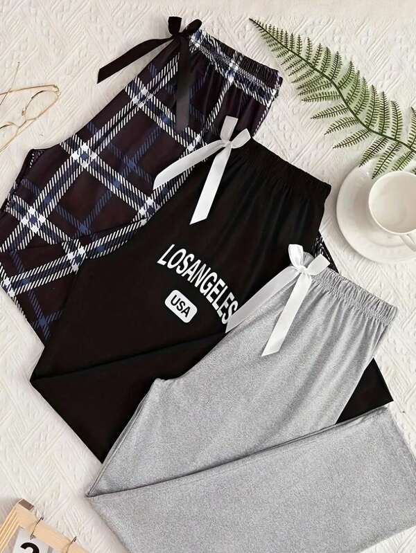 Women's Plus Size 3 Packs Pajama Pants Plaid Letter Lounge Sleep Pj Pants Sleepwear
