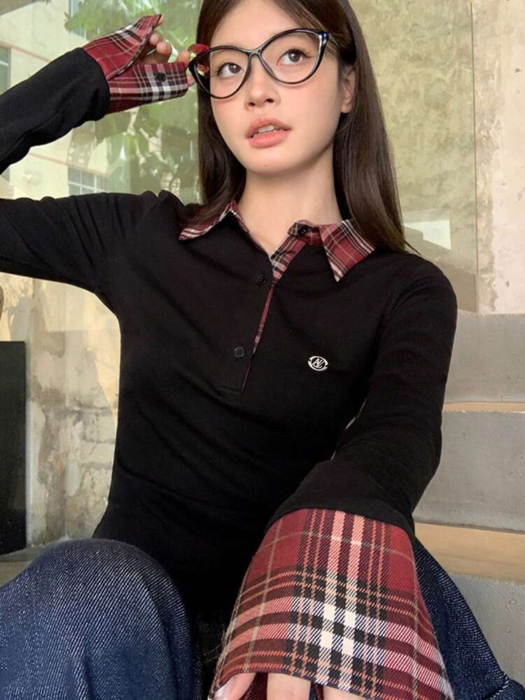 女性用ポロカラーモックレイヤー チェック柄パッチワーク 長袖Tシャツ