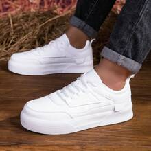 أحذية بكعب سميك أبيض للرجال عصرية، من مادة EVA مقاومة للطي والبلى، ألوان سادة للرياضة والمشي اليومي للشباب والطلاب، أحذية رياضية وسكيت بورد منخفضة الأعلى بأربطة