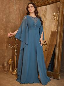SUPGIR V-Neck Long Sleeve Waist Gathering, Luxury Sequins Splice Decor Front Center Split Maxi Hem Evening Gown - Dusty Blue - View 4