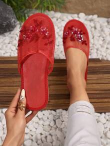 女士一脚蹬穆勒拖鞋刺绣网眼露跟平底鞋，优雅休闲室内/户外红色透气舒适平底凉鞋