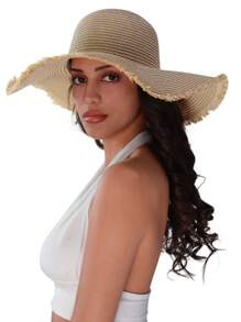 1pc Grass Edge Banding Women Solid Boho Straw Hat For Vacation Fashionable Women's Spring/Summer Beach Hat With Wide Brim, Sun Protection, And Personalized Woven Straw Hat For Travel And Vacation Bow