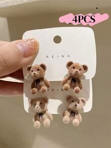 1 对/2 对女士可爱熊和兔子耳钉，植绒简约泰迪熊和兔子耳环（卡片随机发货） - 彩色 - 查看 4