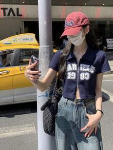 复古字母印花 Polo 领双拉链短款 T 恤，春夏休闲款 - 藏蓝色 - 查看 8