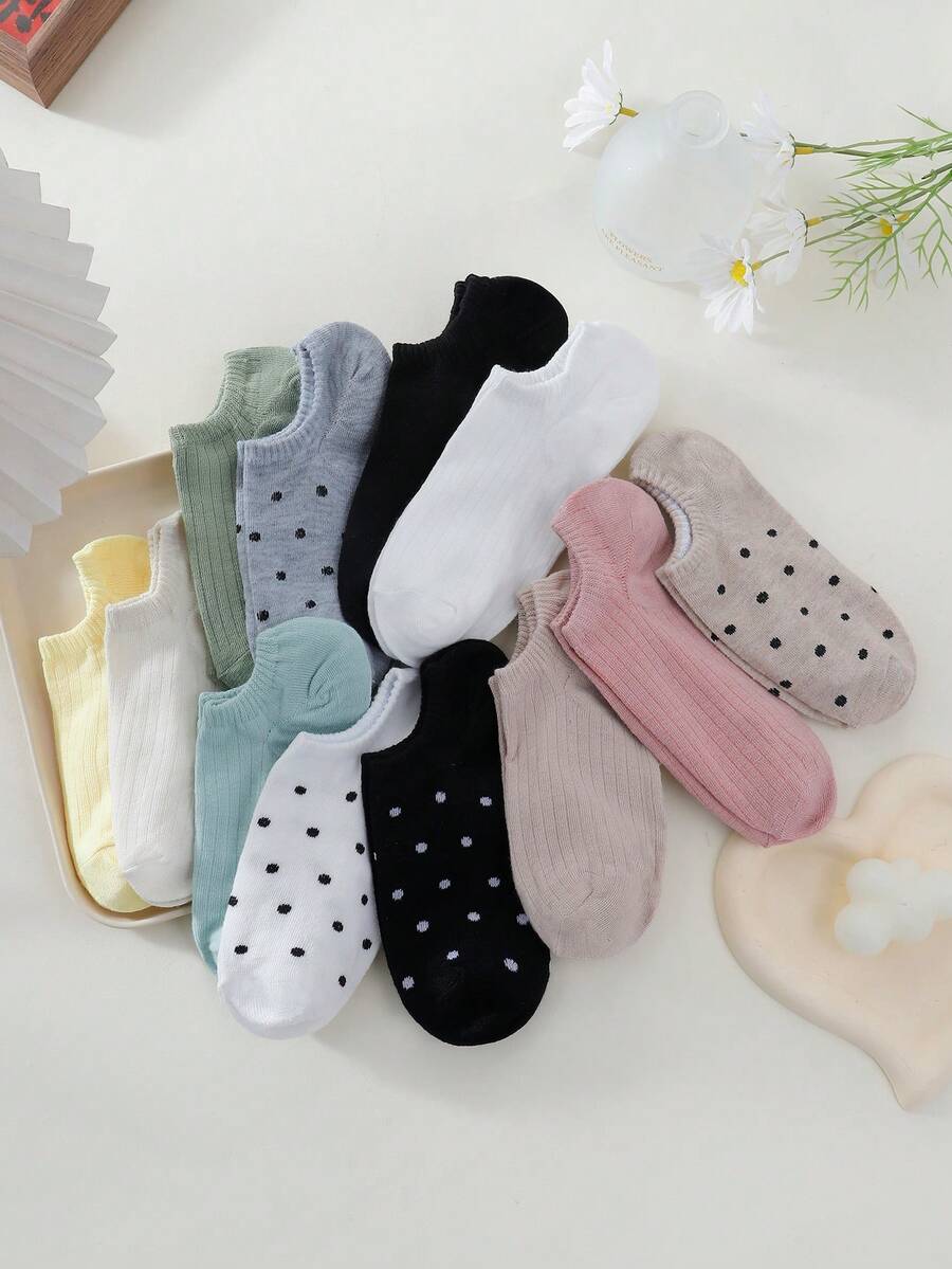 10 Pairs Random Women Retro Dot & Solid Color Cute Non-Slip Breathable Low-Cut Boat Socks - Multicolor - View 1