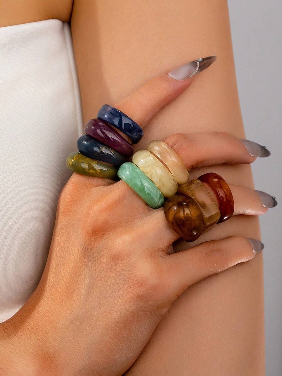 10pcs/Set Women's Fashion Personalized Rings, Acrylic Material, Vintage Exaggerated Personalized Stylish Rings Set, Suitable For Gift, Party And Daily Wear - Multicolor - View 1