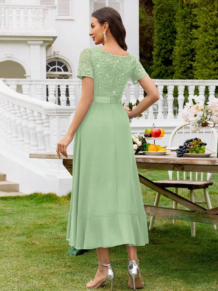 MIUSOL V-Neck Sequin Lace Contrast Color Chiffon Ruffle Hem Elegant Ball Gown Skirt, Suitable For Wedding Guest, Formal Dinner And Other Occasions - Mint Green - View 2
