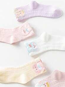 5 Pairs Girls' Cartoon Rabbit Colorful Mid-Calf Socks, Thin & Breathable Student Socks, Suitable For Casual Shoes & Sneakers - Multicolor - View 5